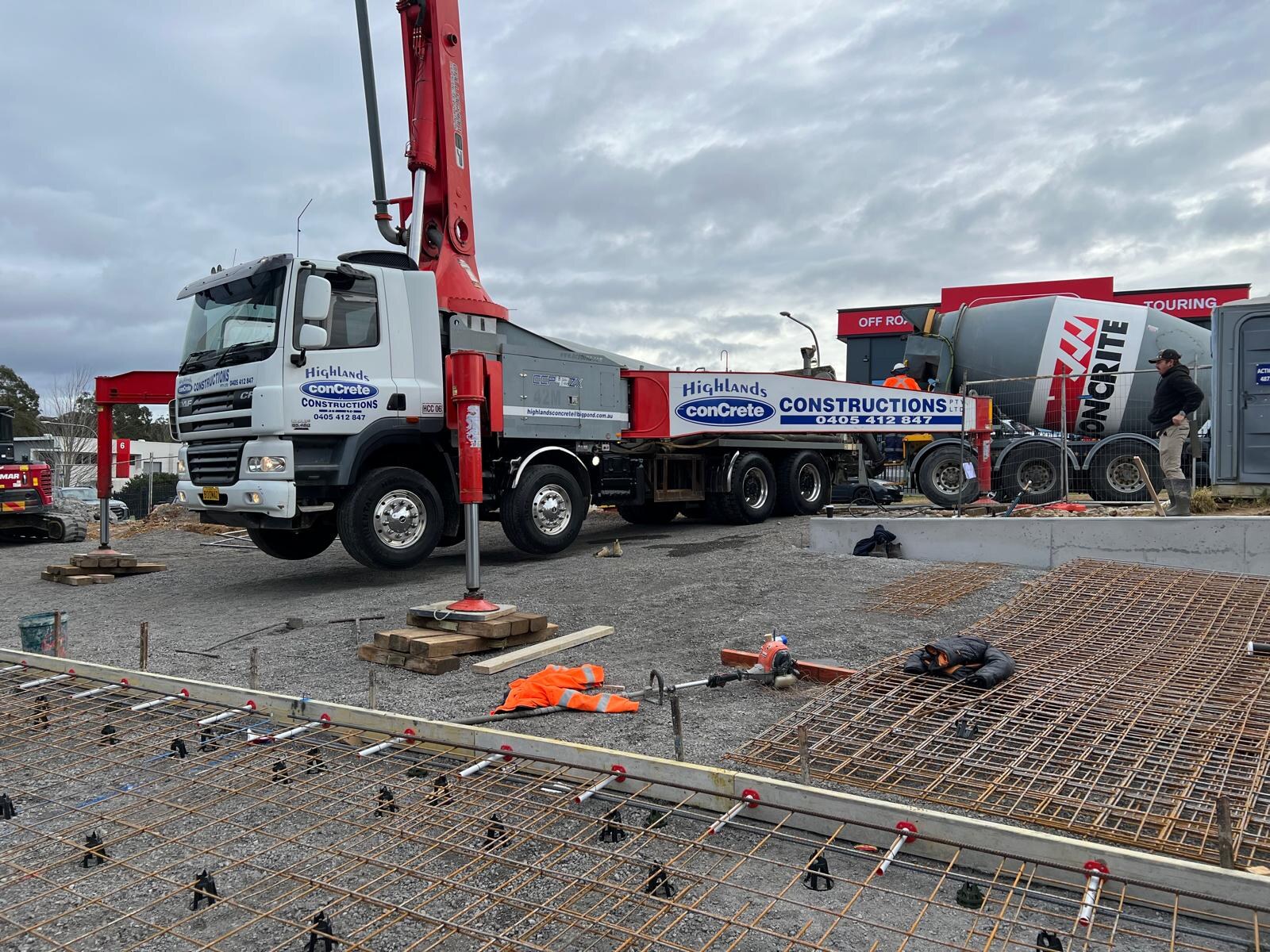 Highlands Concrete Constructions 42m boom pump on site